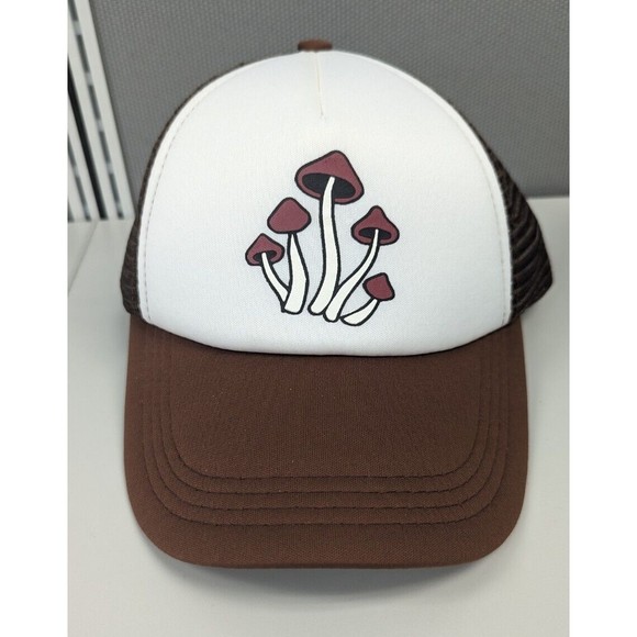 FOREVER 21 GIRLS HAT CAP BROWN & WHITE ADJUSTABLE STRAP BACK MUSHROOMS - Picture 3 of 5